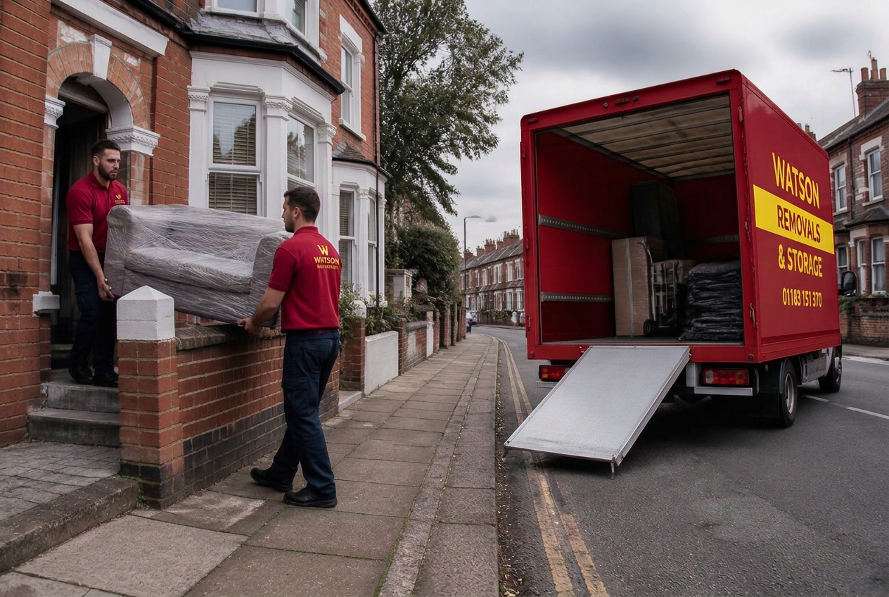 Watson Removals movers in branded red uniforms carrying a wrapped sofa into a red Watson removals lorry in Reading